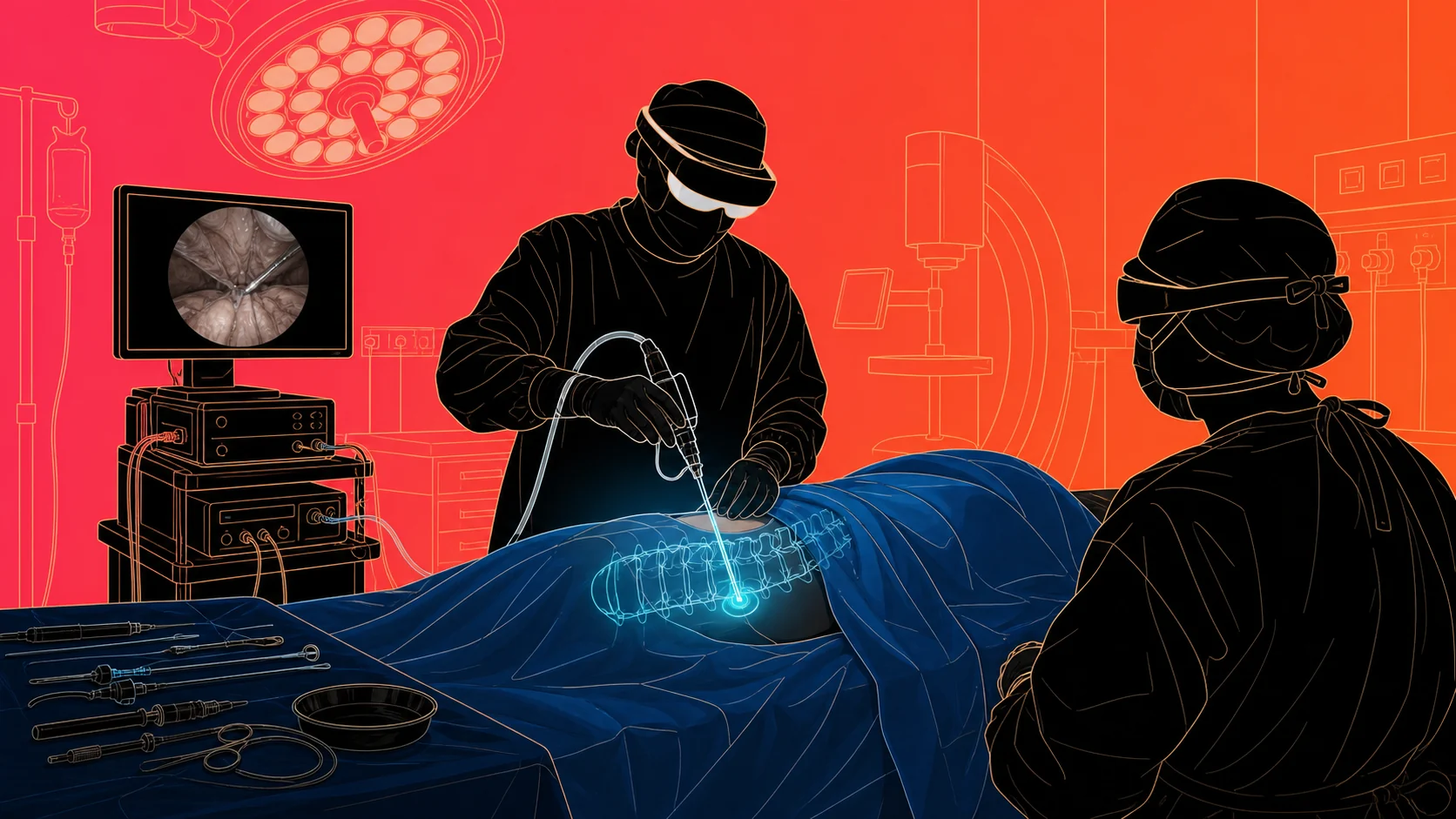 A surgeon wearing an XR headset performs endoscopic spine surgery over a blue-draped patient while an aligned lumbar spine and access corridor appear in the operative field.